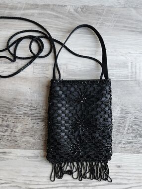 Vintage La Regale Black Beaded Fringe Crossbody Bag Boho Y2K